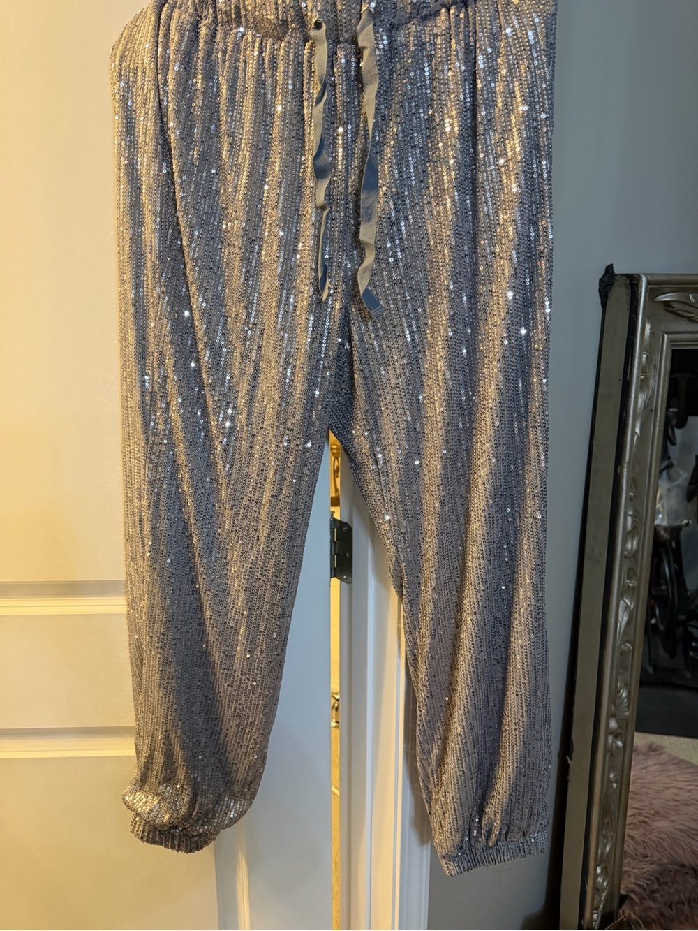Sequin Relaxed Jogger Pants in Silver